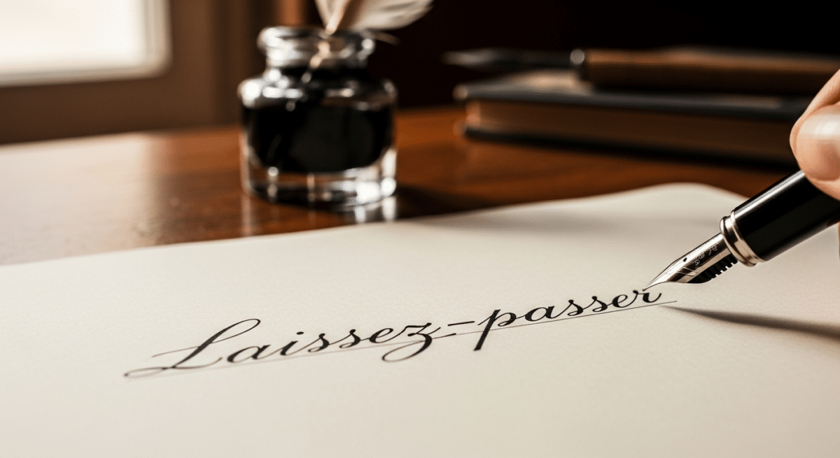 Écriture manuscrite élégante du mot laissez-passer à la plume sur papier