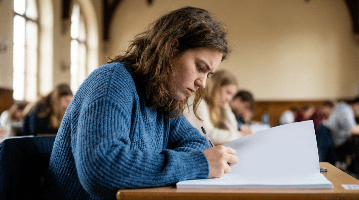 Étudiante concentrée écrivant sur sa copie du baccalauréat dans une salle d'examen