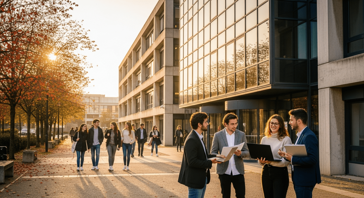Étudiants devant un bâtiment IUT moderne discutant de leur formation universitaire