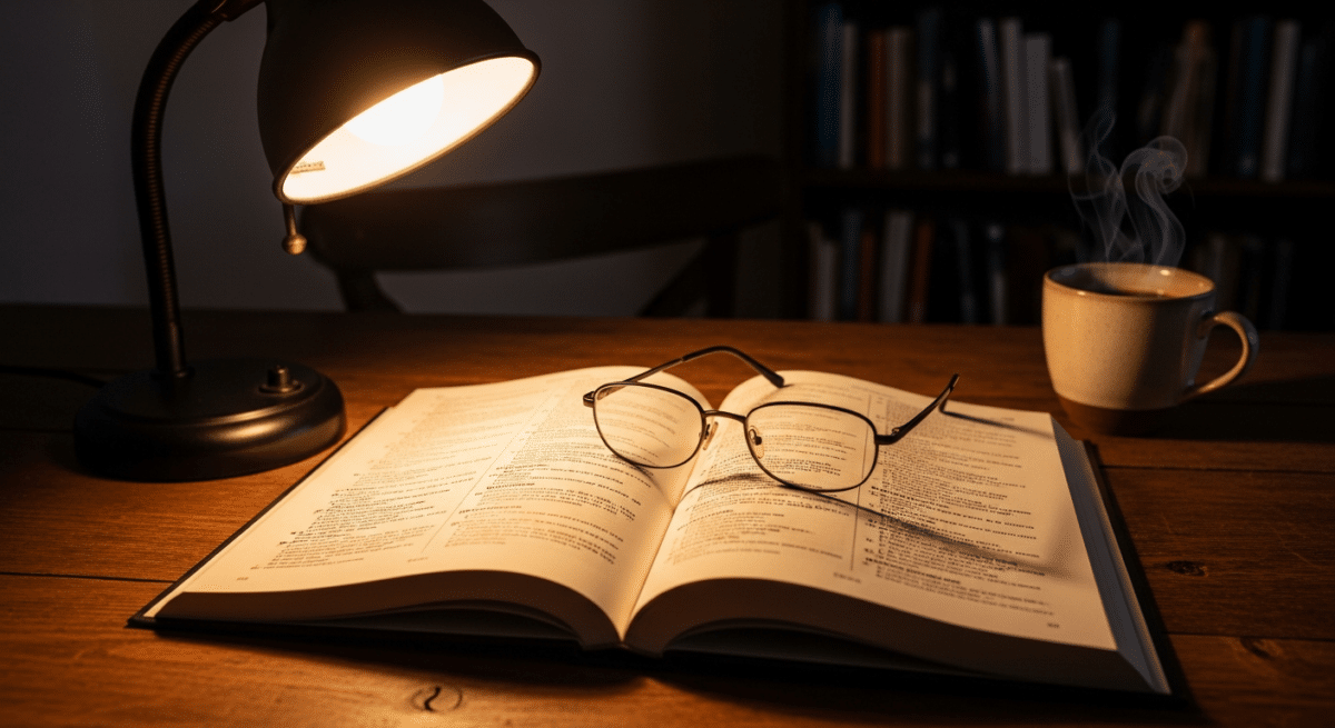 Dictionnaire français ouvert sur un bureau avec lunettes et tasse de café