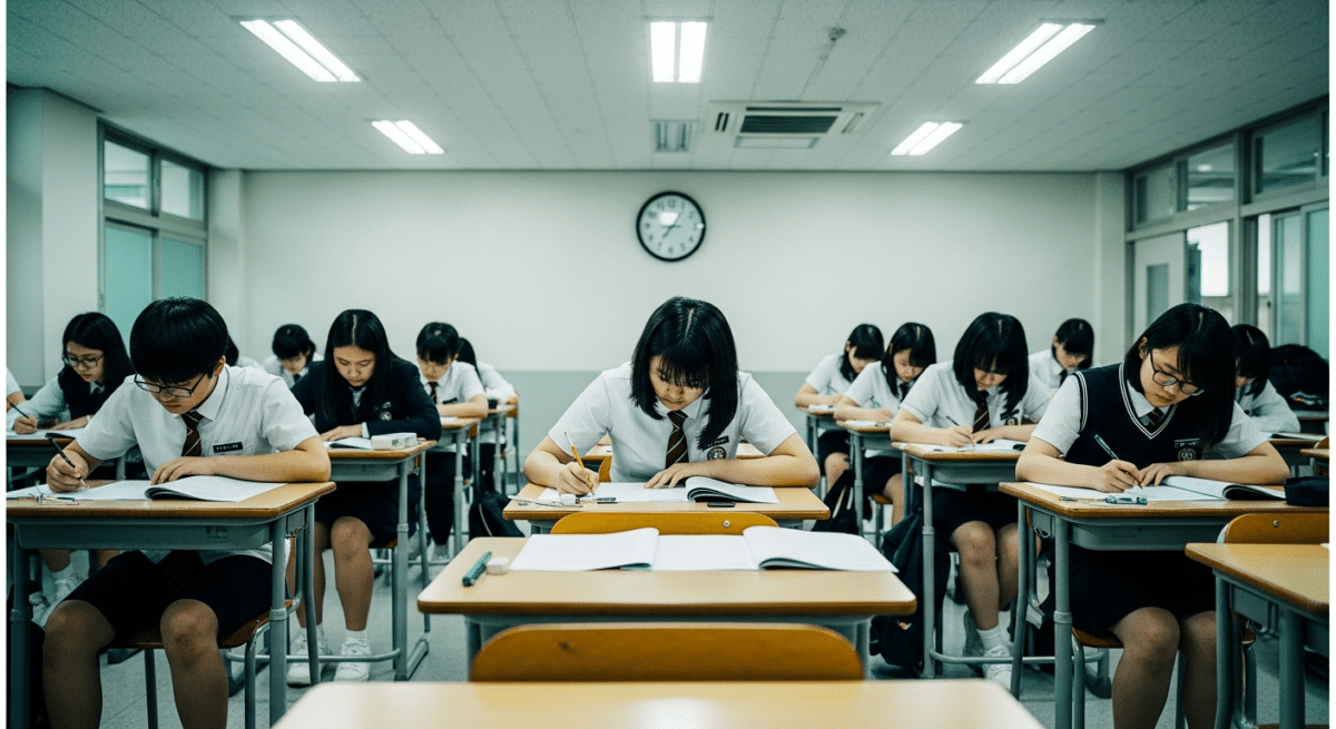Salle d'examen dans un lycée sud-coréen avec ambiance académique stricte