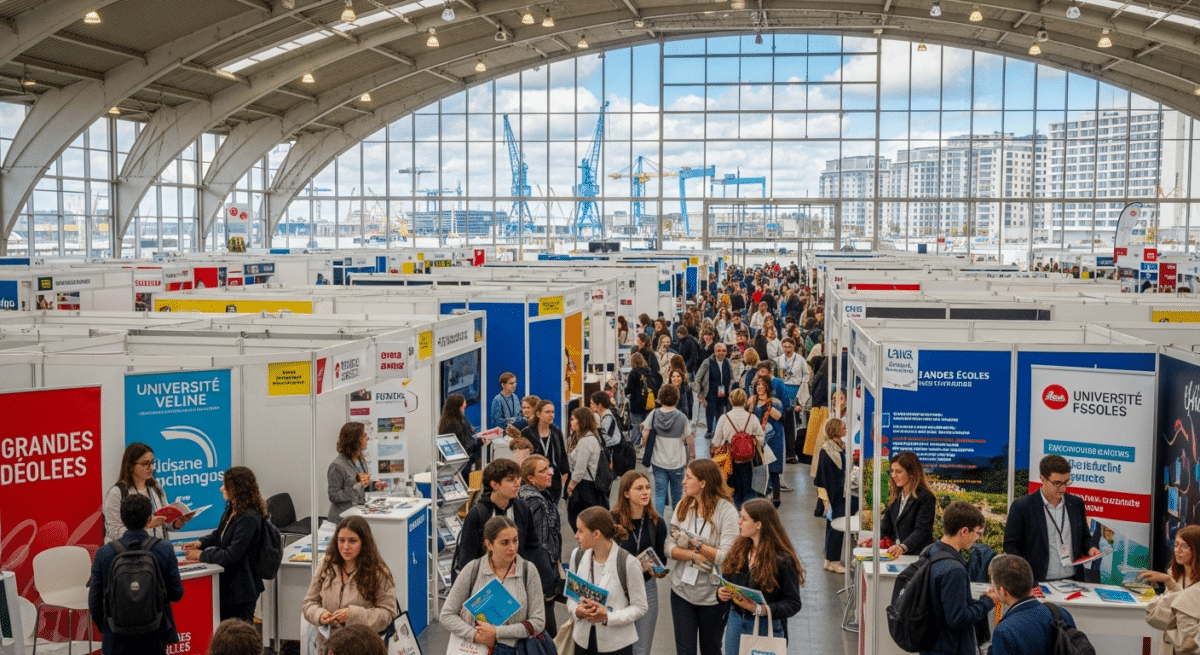 Étudiants visitant un salon d'orientation avec des stands universitaires au Carré des Docks du Havre