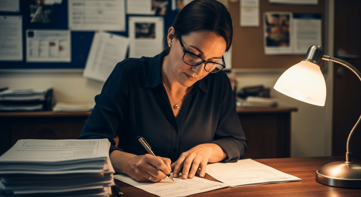 Professeur écrivant des commentaires sur un bulletin scolaire à son bureau
