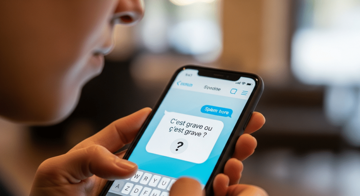 Personne tapant un message sur smartphone avec hésitation sur l'orthographe