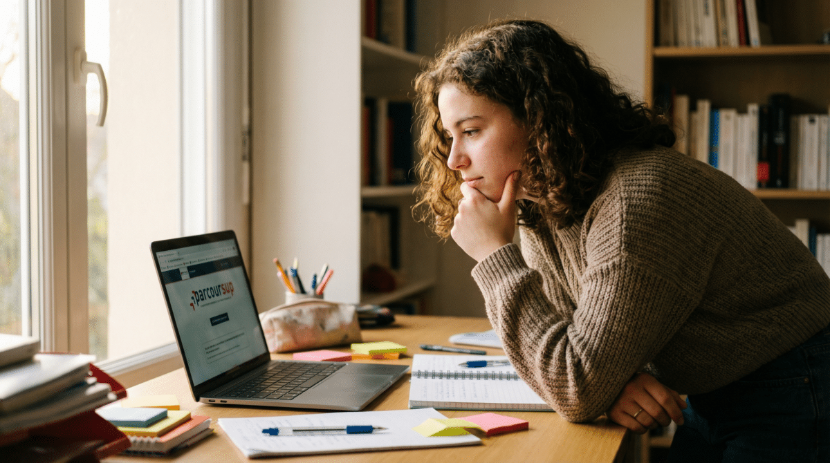 Étudiante de terminale concentrée devant son ordinateur affichant Parcoursup, entourée de post-its et cahiers de révision