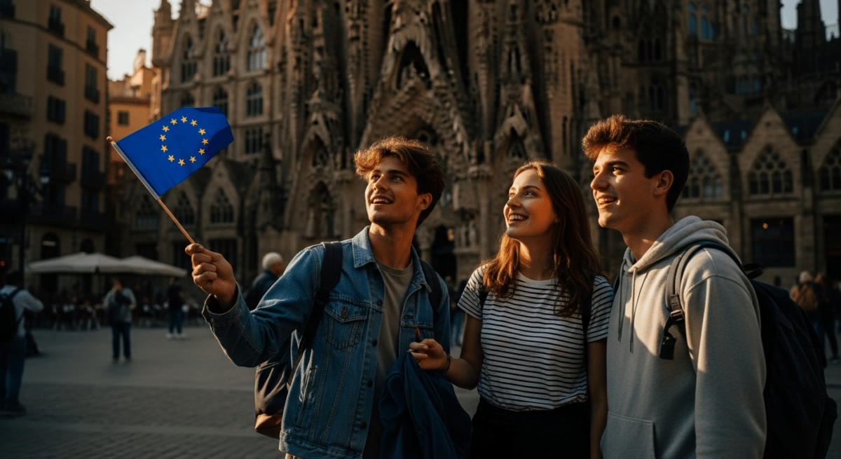 Jeunes étudiants français en échange Erasmus visitant une ville européenne