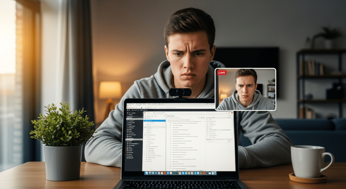 Étudiant passant un examen surveillé à distance sur ordinateur avec webcam