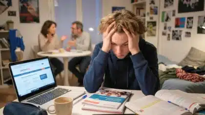Lycéen stressé la tête entre les mains devant un écran Parcoursup et des brochures, avec ses parents en discussion tendue en arrière-plan.