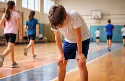 Un élève de collège épuisé lors d’un test d’endurance en gymnase pendant une évaluation physique nationale.