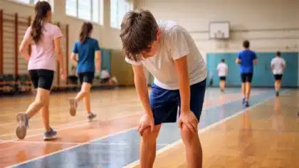 Un élève de collège épuisé lors d’un test d’endurance en gymnase pendant une évaluation physique nationale.
