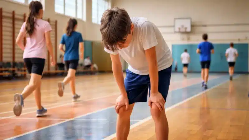 Un élève de collège épuisé lors d’un test d’endurance en gymnase pendant une évaluation physique nationale.