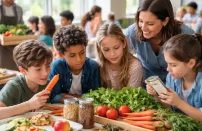 Enfants à l’école découvrant des légumes frais et apprenant à lire les étiquettes alimentaires lors d’un atelier d’éducation à l’alimentation