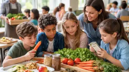 Enfants à l’école découvrant des légumes frais et apprenant à lire les étiquettes alimentaires lors d’un atelier d’éducation à l’alimentation