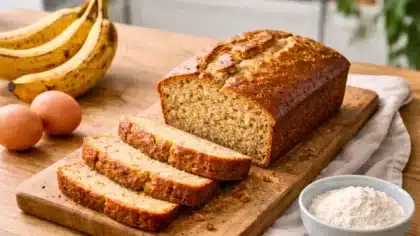 Gâteau à la banane maison sans beurre, tranché sur une planche en bois avec des bananes mûres et des œufs