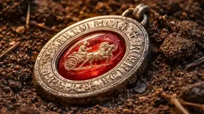 Pendentif médiéval en argent partiellement enfoui dans la terre, avec une gemme rouge gravée d’un aurige romain au centre.