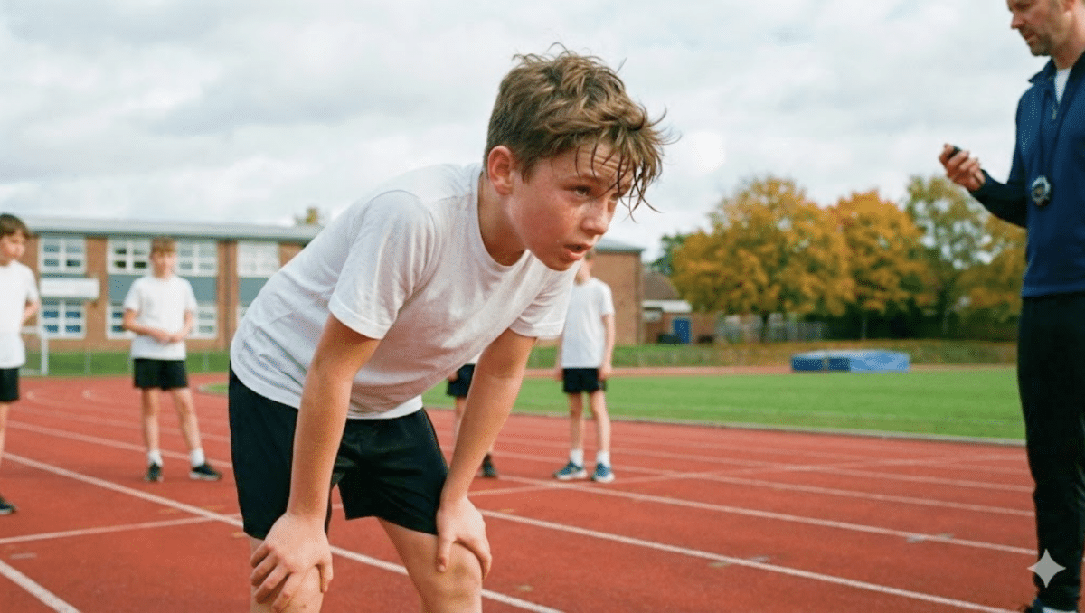 Élève de sixième essoufflé pendant un exercice d’endurance sur une piste d’athlétisme scolaire