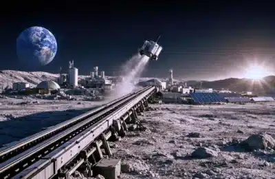 Complexe industriel installé sur la Lune avec une catapulte électromagnétique lançant un satellite vers l’espace, la Terre visible à l’horizon.
