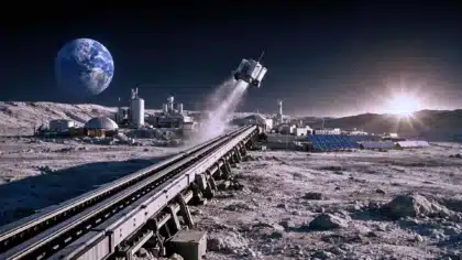 Complexe industriel installé sur la Lune avec une catapulte électromagnétique lançant un satellite vers l’espace, la Terre visible à l’horizon.