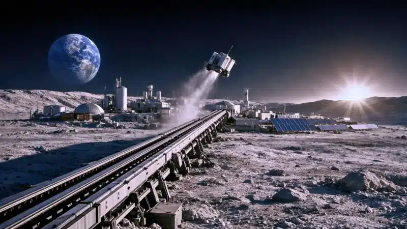 Complexe industriel installé sur la Lune avec une catapulte électromagnétique lançant un satellite vers l’espace, la Terre visible à l’horizon.