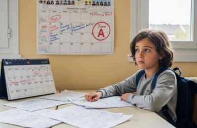 Enfant assis à son bureau regardant un calendrier scolaire avec les dates des vacances en zone A