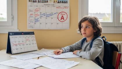 Enfant assis à son bureau regardant un calendrier scolaire avec les dates des vacances en zone A
