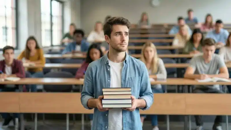 Étudiant tenant des livres dans un amphithéâtre universitaire, entouré d’autres étudiants, illustrant un questionnement sur l’orientation post-bac