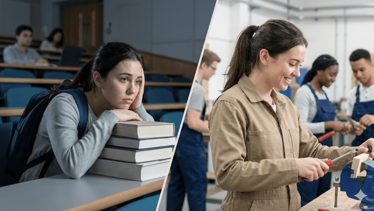 Étudiante en amphithéâtre en difficulté face aux études théoriques et apprentie épanouie en atelier, illustrant un changement d’orientation.