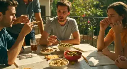 Groupe d’amis discutant autour d’une table avec livres ouverts et tapas, illustrant l’influence de l’espagnol sur le français