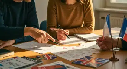 Personnes travaillant ensemble autour de documents avec drapeaux français et britanniques, illustrant l’usage de mots anglais en français