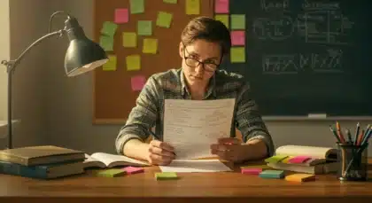 Étudiant concentré révisant une leçon de grammaire française sur l’usage de « leur » et « leurs » à un bureau d’étude