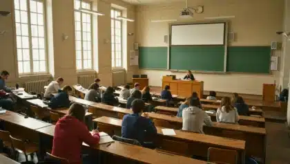 Étudiants assis dans un amphithéâtre universitaire pendant une épreuve écrite, illustrant les concours enseignants accessibles à bac+3.