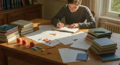 Étudiant écrivant à un bureau entouré de livres et de notes, illustrant l’évolution du latin vers le français moderne