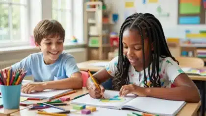 Deux élèves de primaire travaillent ensemble en classe, illustrant le quotidien scolaire au cœur du débat sur les rythmes scolaires.