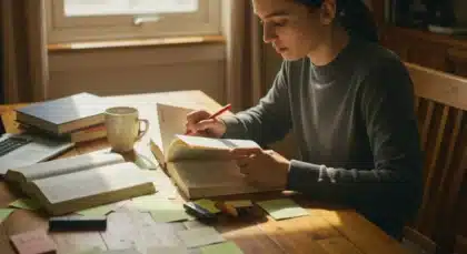 Étudiante concentrée lisant et annotant un livre de grammaire pour comprendre le genre du mot « viscère »