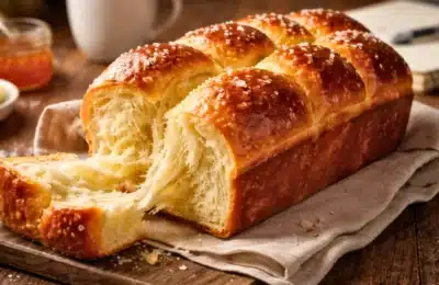 Brioche maison dorée et brillante, légèrement tranchée, révélant une mie filante et moelleuse sur une table en bois, vue à 45 degrés.