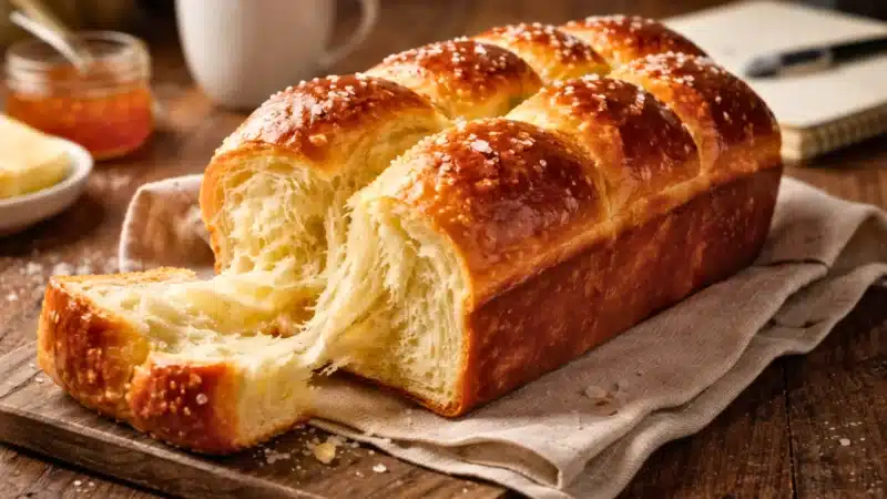 Brioche maison dorée et brillante, légèrement tranchée, révélant une mie filante et moelleuse sur une table en bois, vue à 45 degrés.