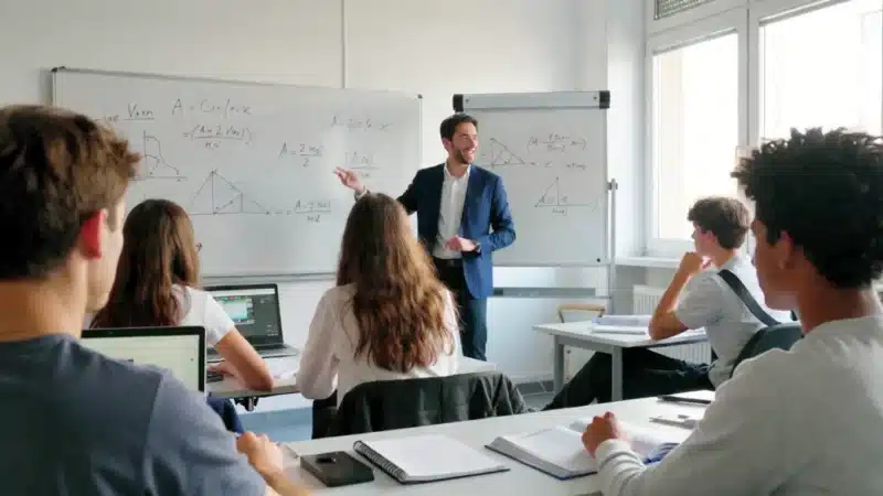 Enseignant donnant un cours devant des élèves attentifs dans une salle de classe, avec des formules mathématiques au tableau