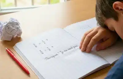 Élève penché sur un cahier de mathématiques avec un exercice non compris et un message d’incompréhension écrit