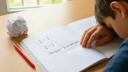 Élève penché sur un cahier de mathématiques avec un exercice non compris et un message d’incompréhension écrit
