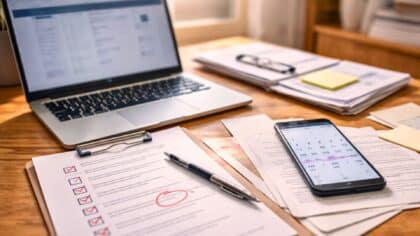 Un bureau avec un ordinateur portable affichant une candidature en ligne, une checklist cochée et une date entourée sur un calendrier de smartphone.