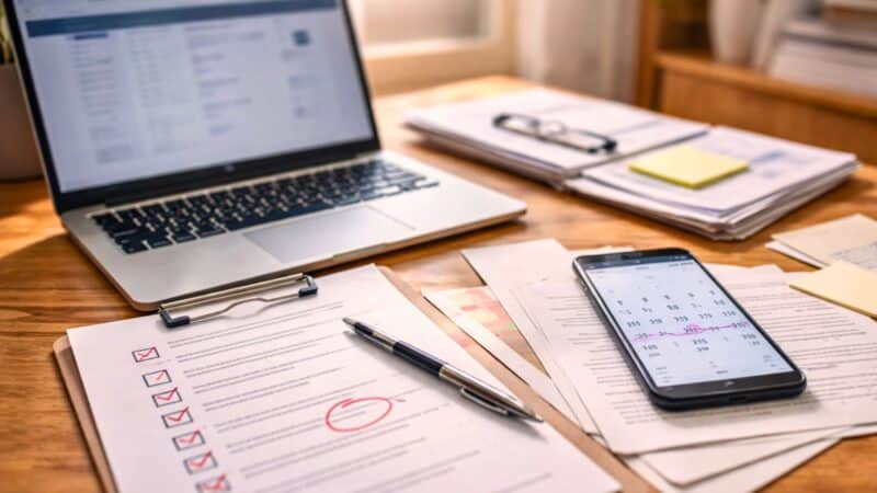 Un bureau avec un ordinateur portable affichant une candidature en ligne, une checklist cochée et une date entourée sur un calendrier de smartphone.
