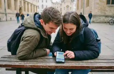 Deux étudiants assis sur un banc consultent la plateforme Mon Master sur un smartphone dans un campus universitaire