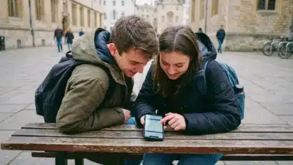 Deux étudiants assis sur un banc consultent la plateforme Mon Master sur un smartphone dans un campus universitaire