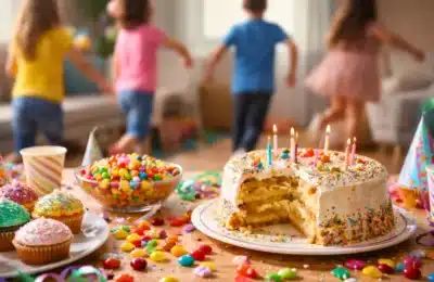 Table d’anniversaire remplie de gâteaux et bonbons colorés au premier plan, avec des enfants qui courent et jouent en arrière-plan sans visage visible.