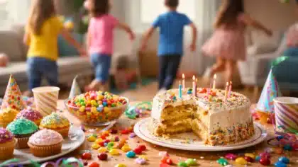 Table d’anniversaire remplie de gâteaux et bonbons colorés au premier plan, avec des enfants qui courent et jouent en arrière-plan sans visage visible.