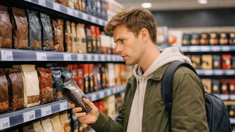 Un jeune consommateur compare le prix d’un paquet de café dans un supermarché face à la hausse des prix