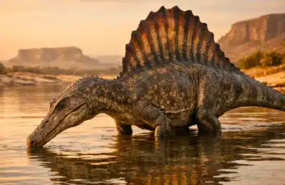 Un Spinosaurus immobile dans une rivière préhistorique au coucher du soleil, museau au ras de l’eau, prêt à capturer un poisson.