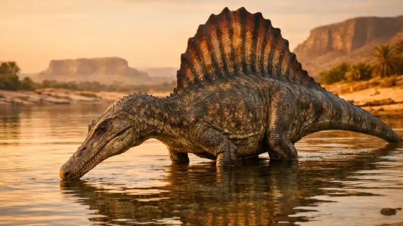 Un Spinosaurus immobile dans une rivière préhistorique au coucher du soleil, museau au ras de l’eau, prêt à capturer un poisson.
