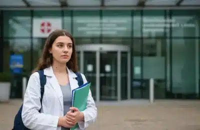 Étudiante en blouse blanche tenant des dossiers devant l’entrée d’un établissement de formation en santé