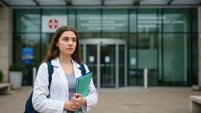 Étudiante en blouse blanche tenant des dossiers devant l’entrée d’un établissement de formation en santé
